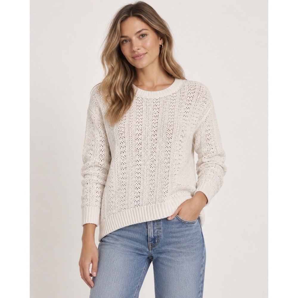 Vince Women's S Ivory Open Knit Cotton Crewneck Sweater Relaxed Pullover